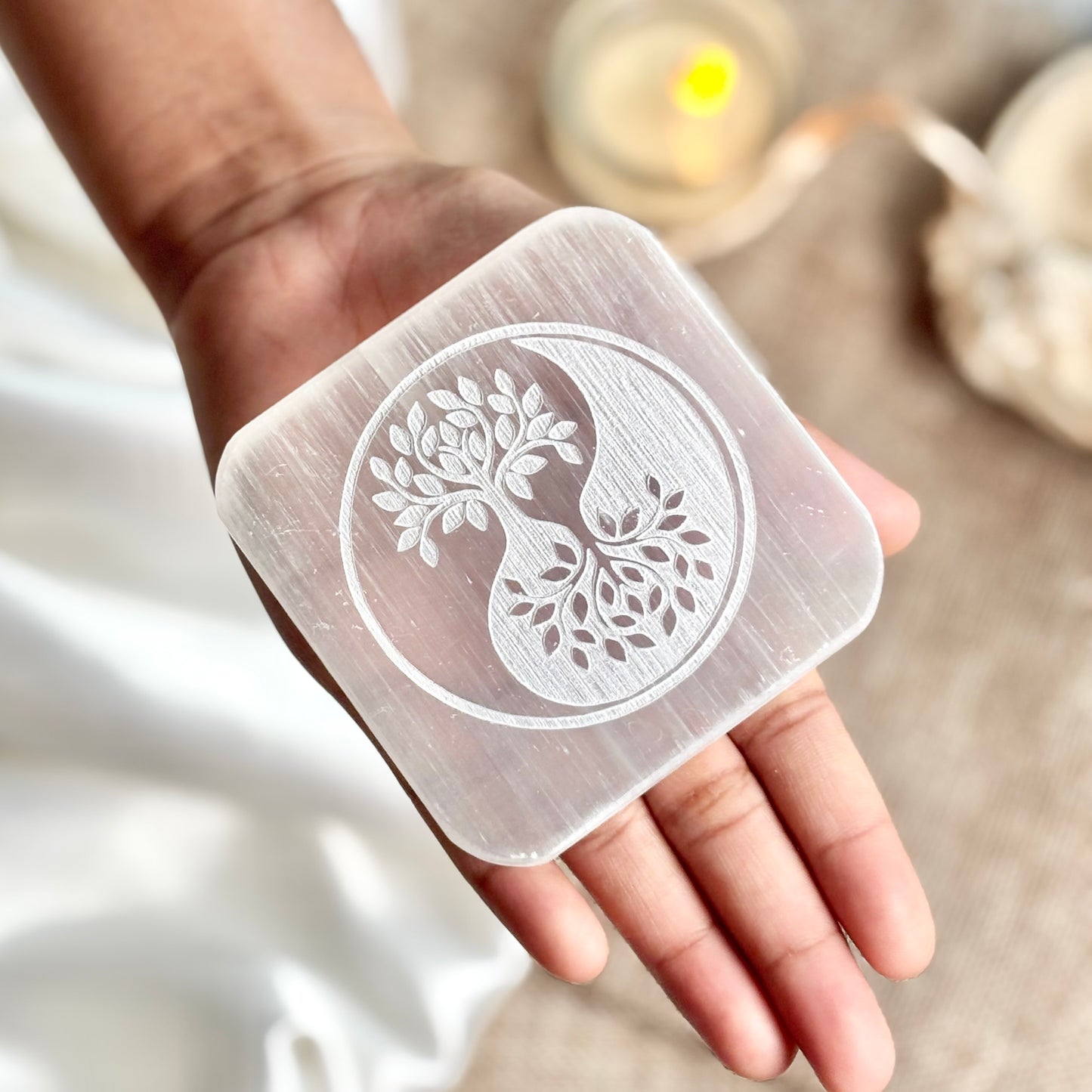 Encircled Tree of Life with Yin-Yang Symbol Engraved on Selenite/Satin Spar Plate