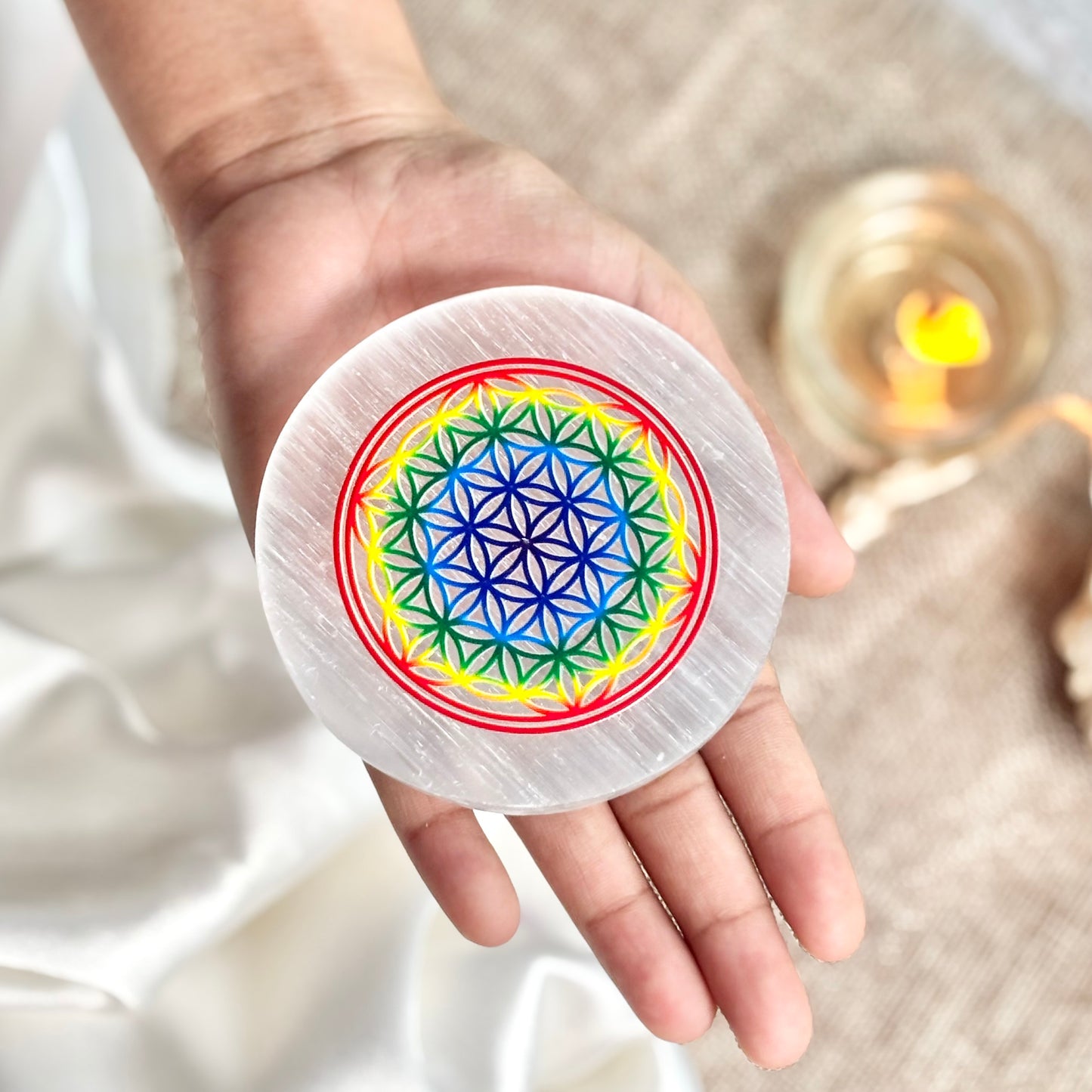 Flower of Life Engraved Selenite/Satin Spar Plate