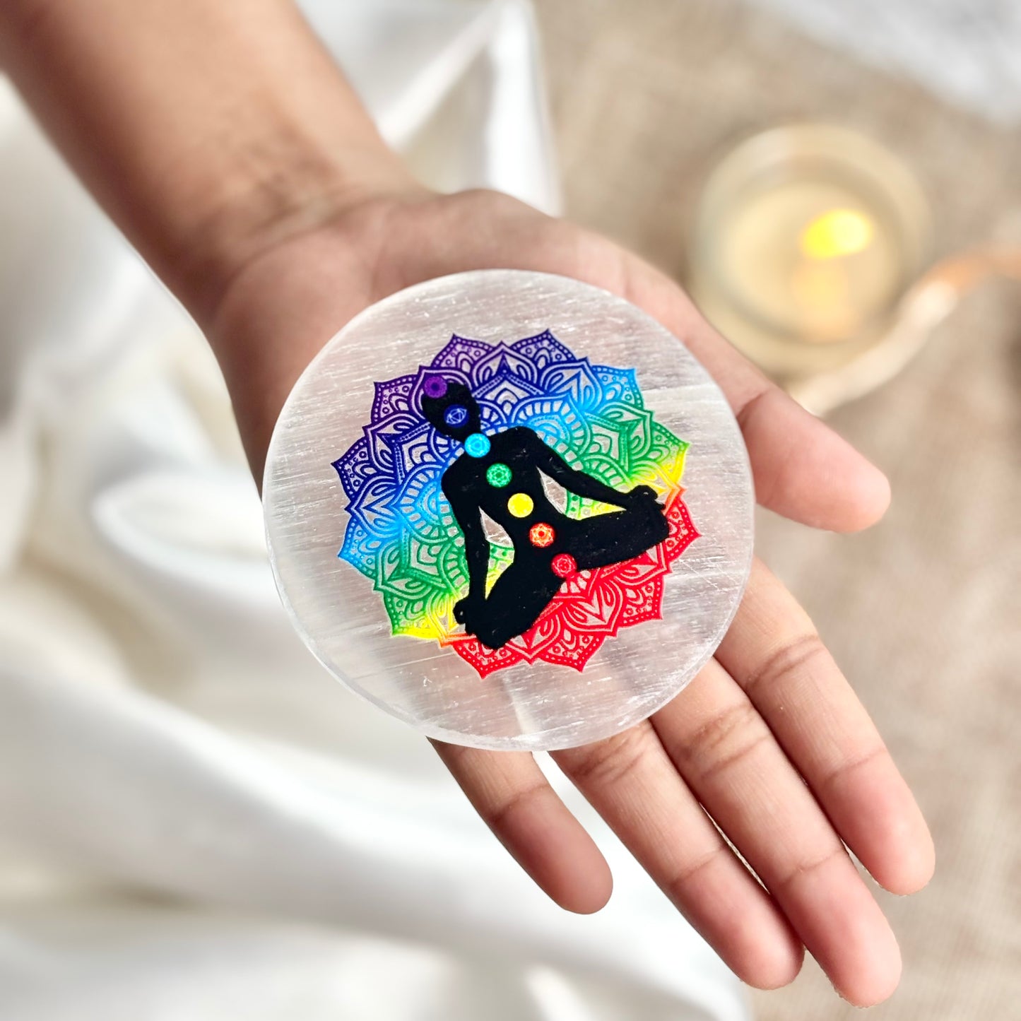 Chakra Symbols Selenite/Satin Spar Plate
