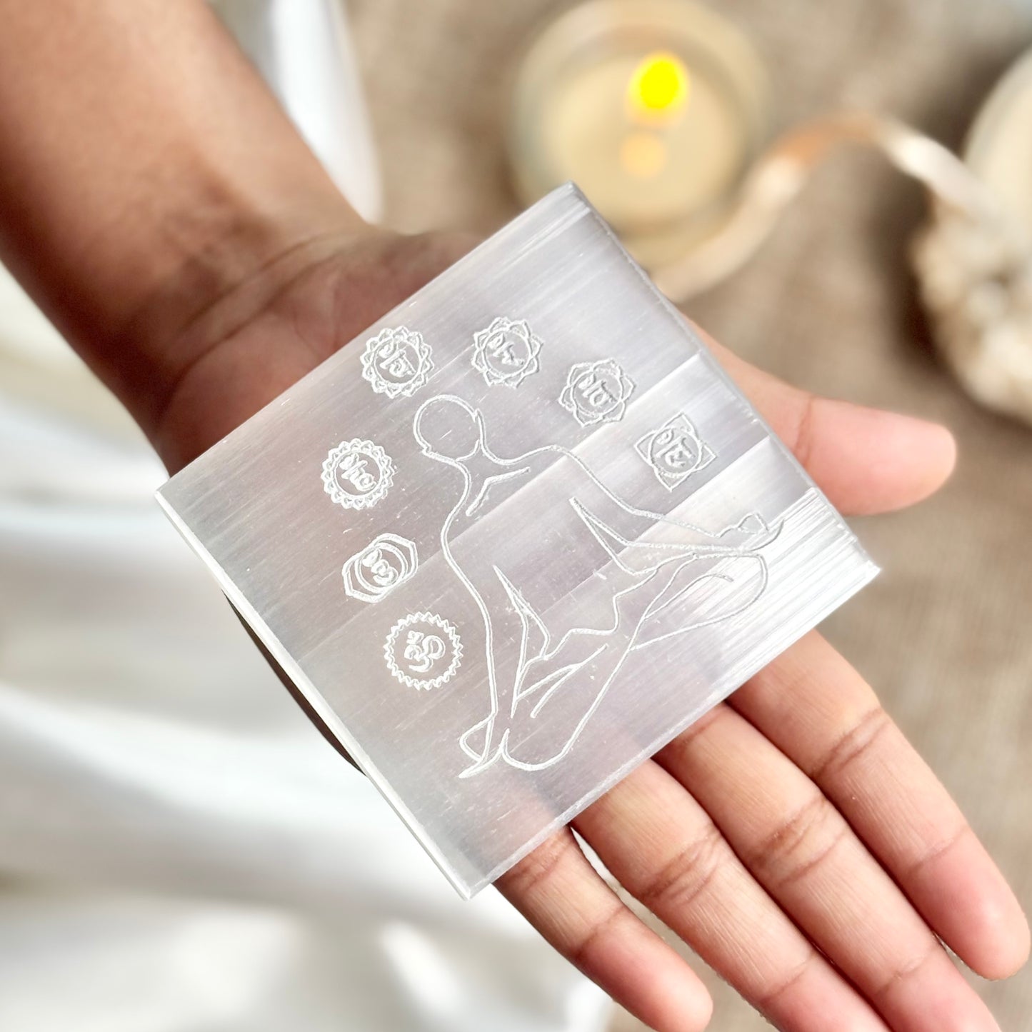 Seven Chakra Symbol Engraved Selenite/Satin Spar Plate
