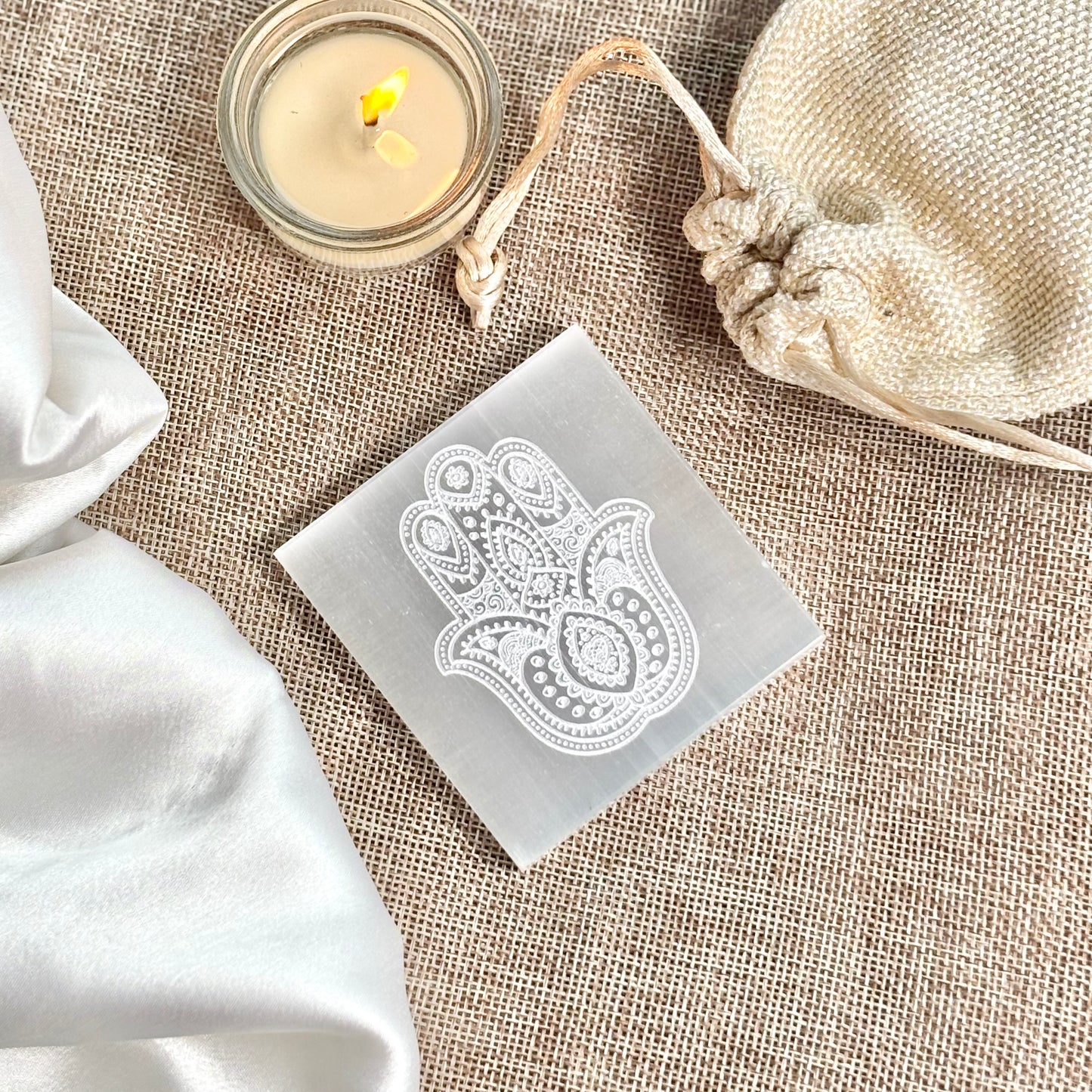 Decorative Hamsa Engraved Selenite/Satin Spar Plate