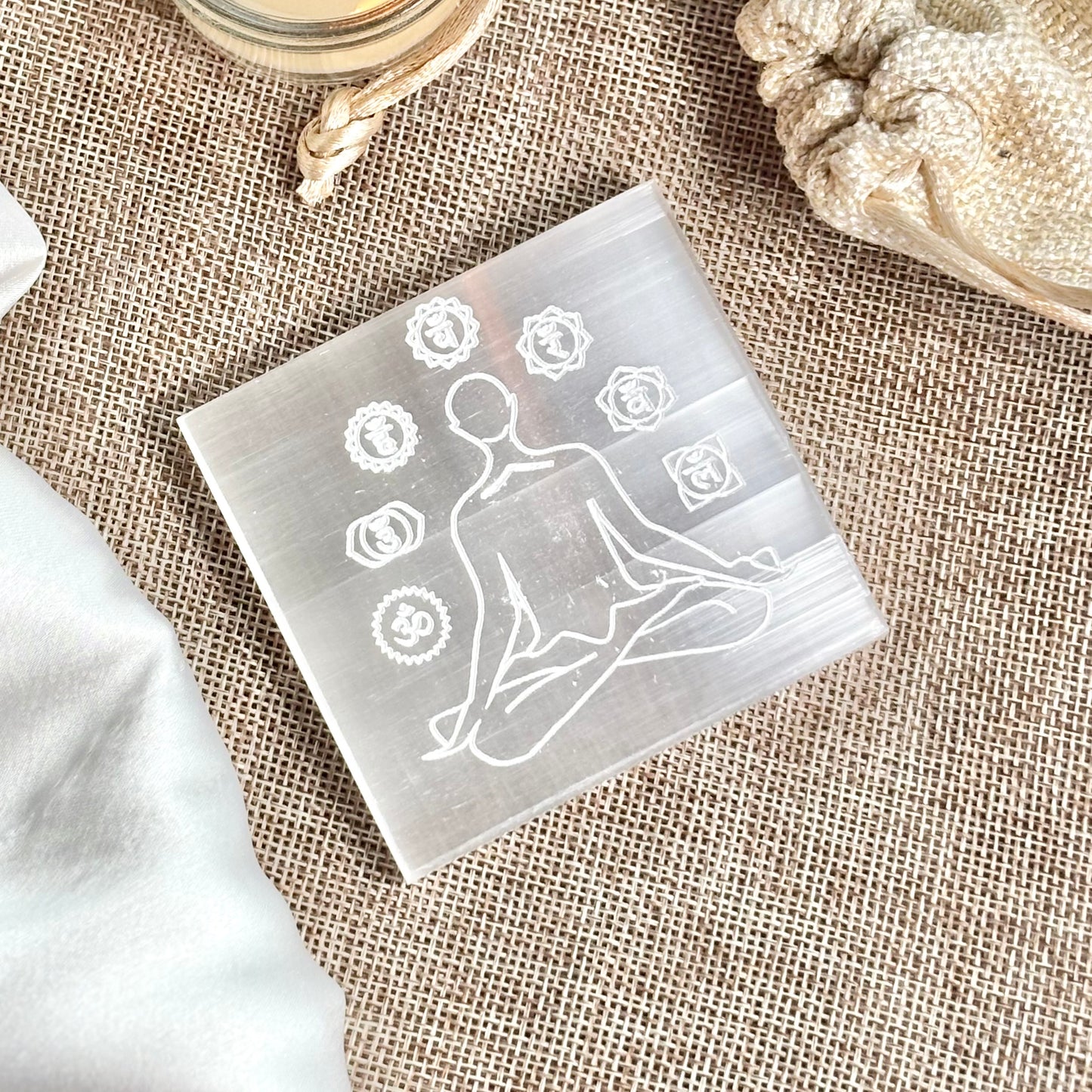 Seven Chakra Symbol Engraved Selenite/Satin Spar Plate