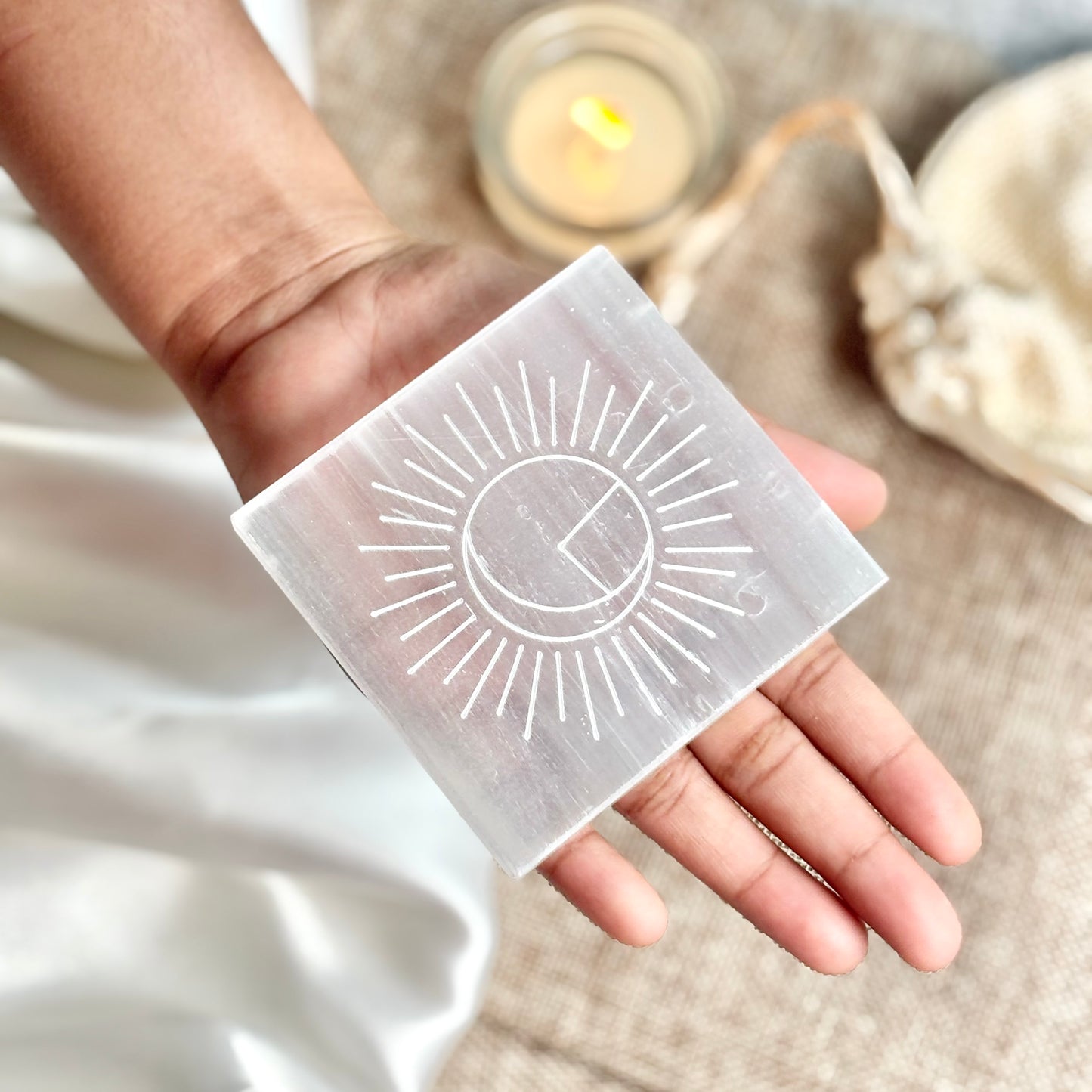 Moon Encircled in Sun Engraved on Selenite/Satin Spar Plate