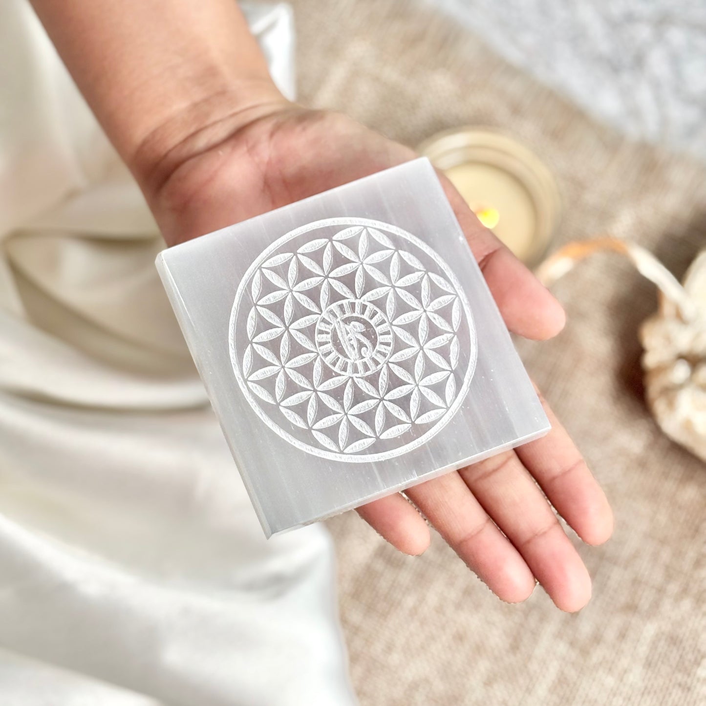 Flower of Life Selenite/Satin Spar Plate with Eye of Horus