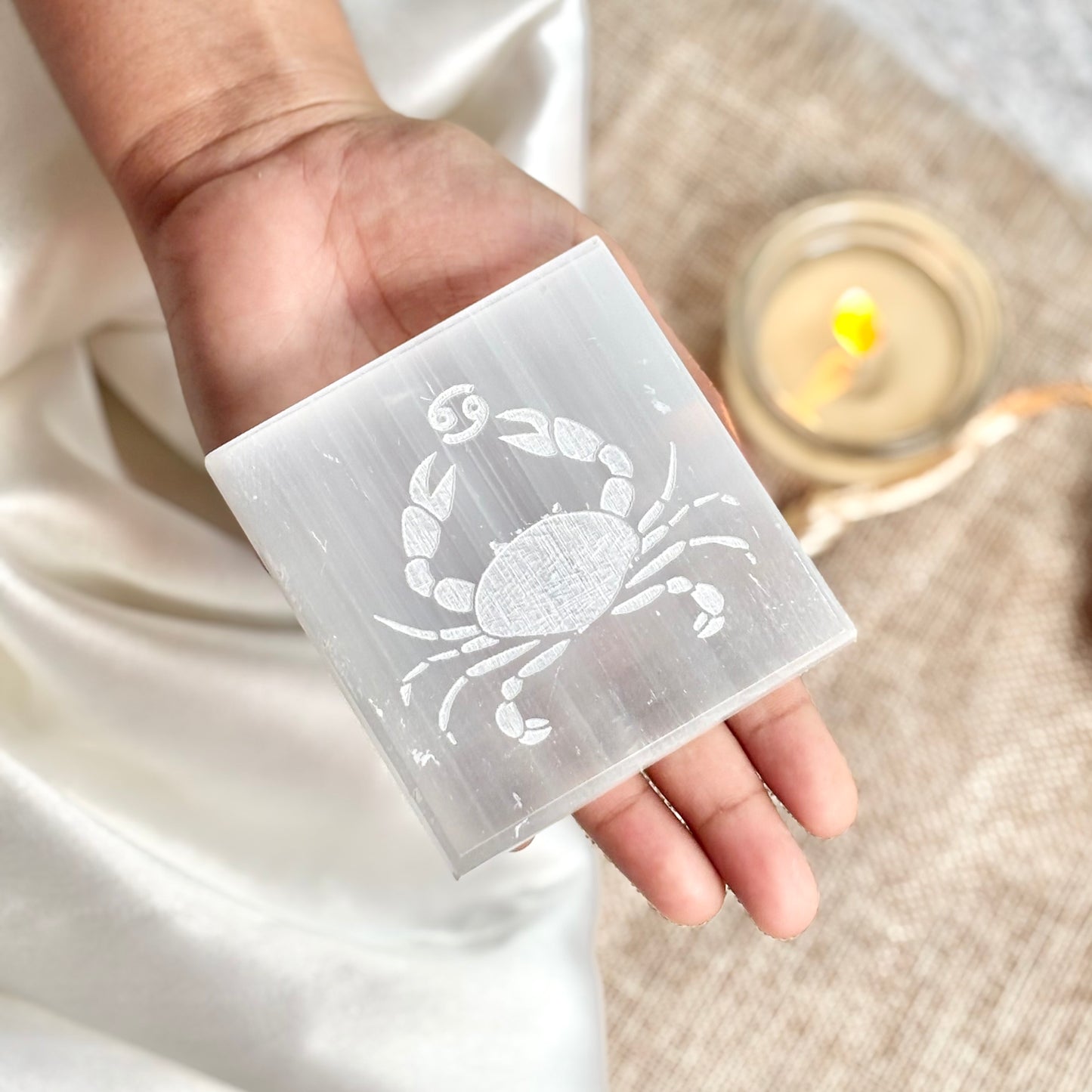 Cancer Zodiac Selenite/Satin Spare Plate for Recharging Crystals