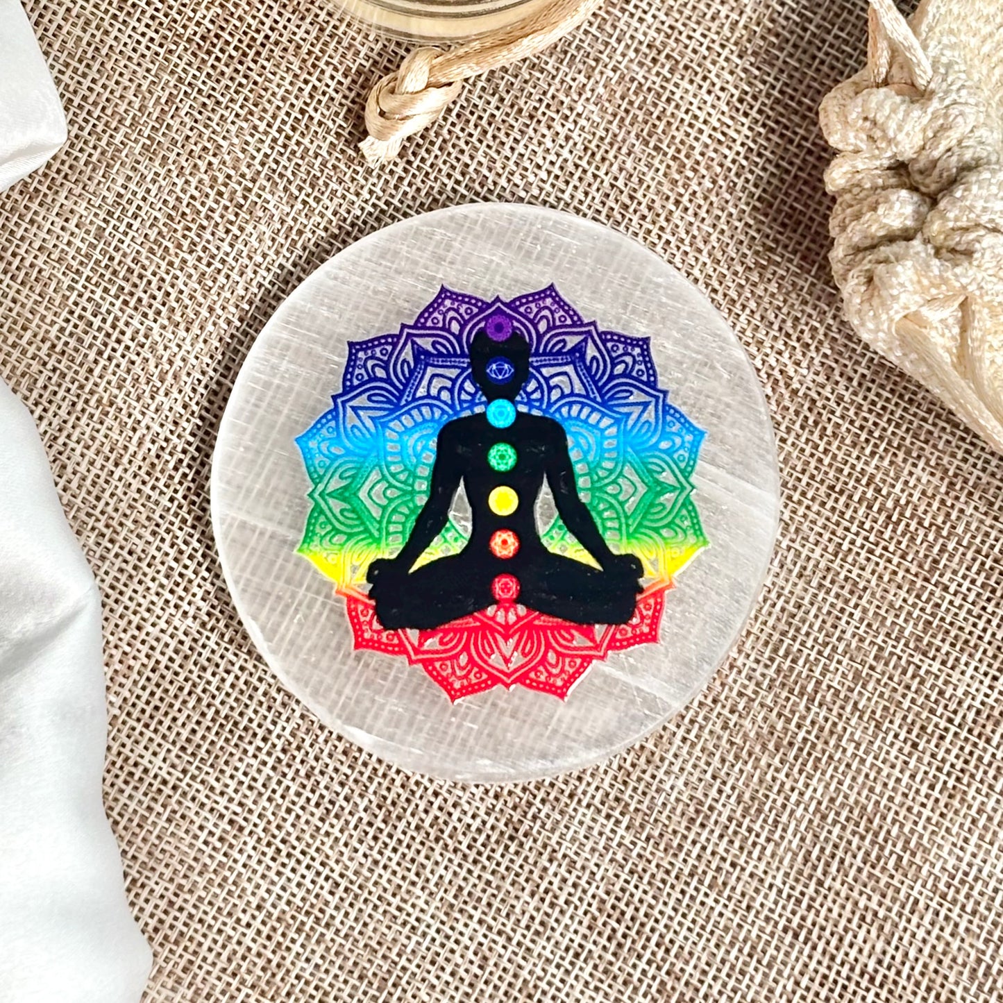 Chakra Symbols Selenite/Satin Spar Plate