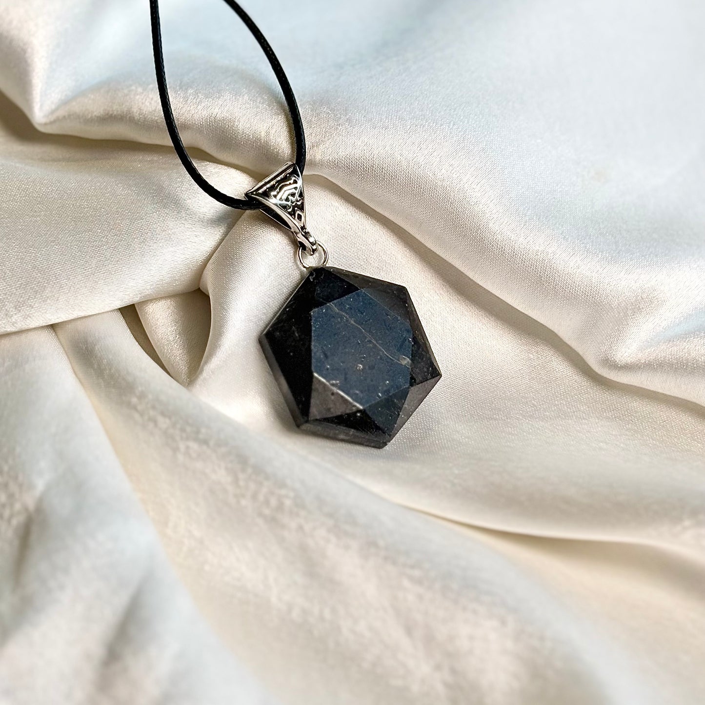 Black Obsidian Hexagon Shaped Pendant with Black Cord