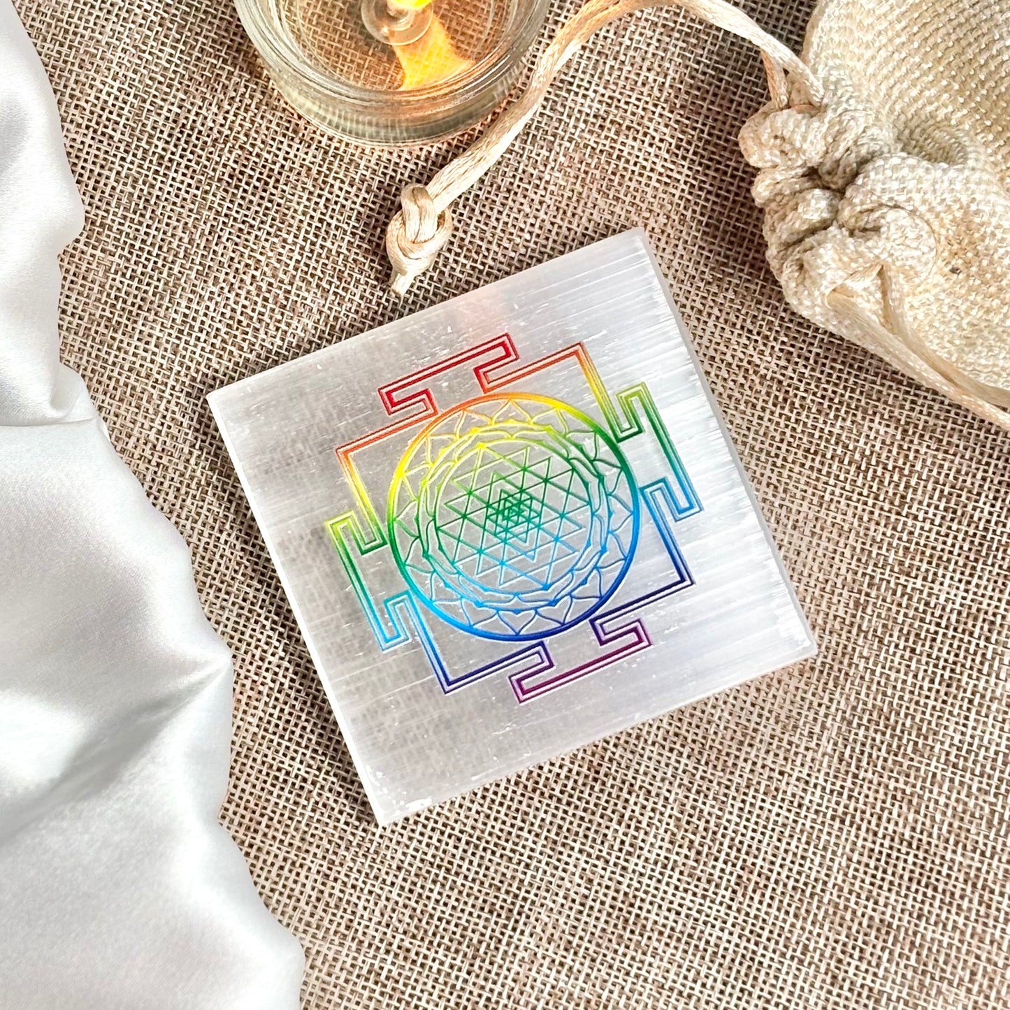 Shree Yantra Engraved Selenite/Satin Spar Plate