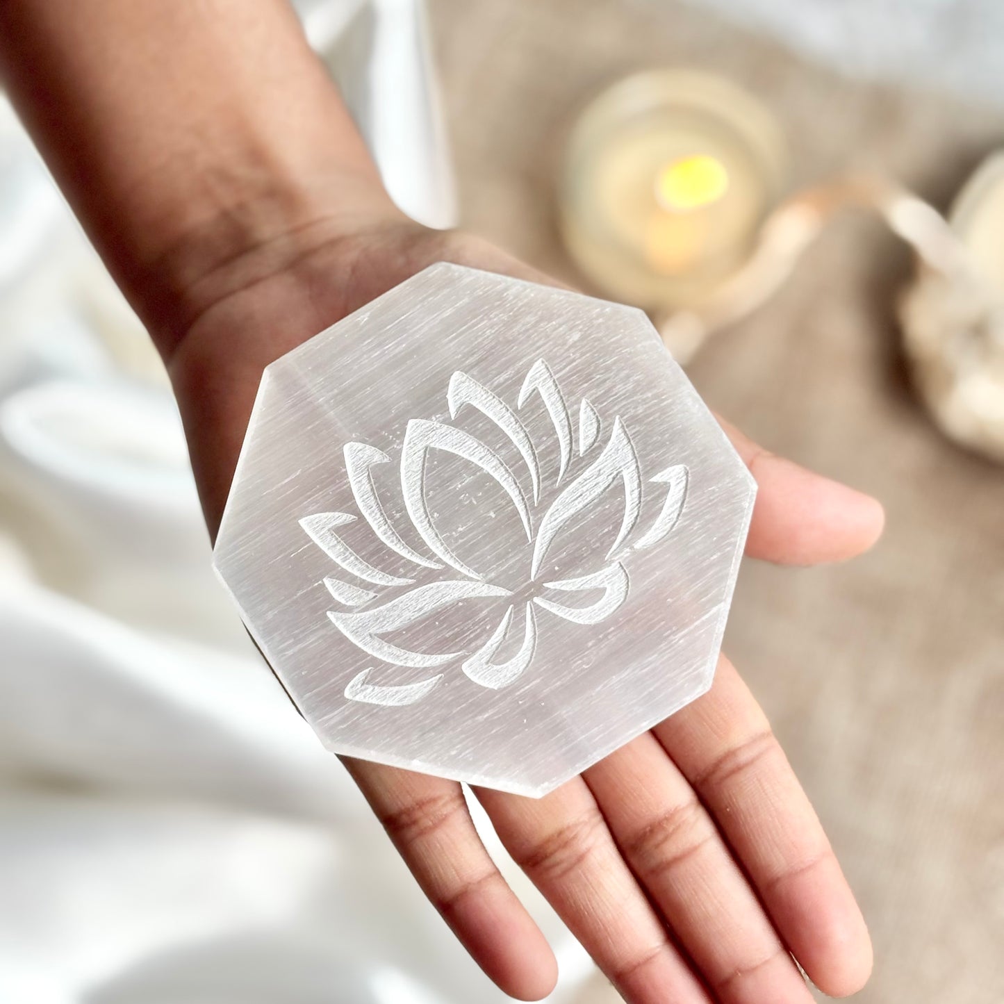 Lotus Engraved Selenite/Satin Spar Plate