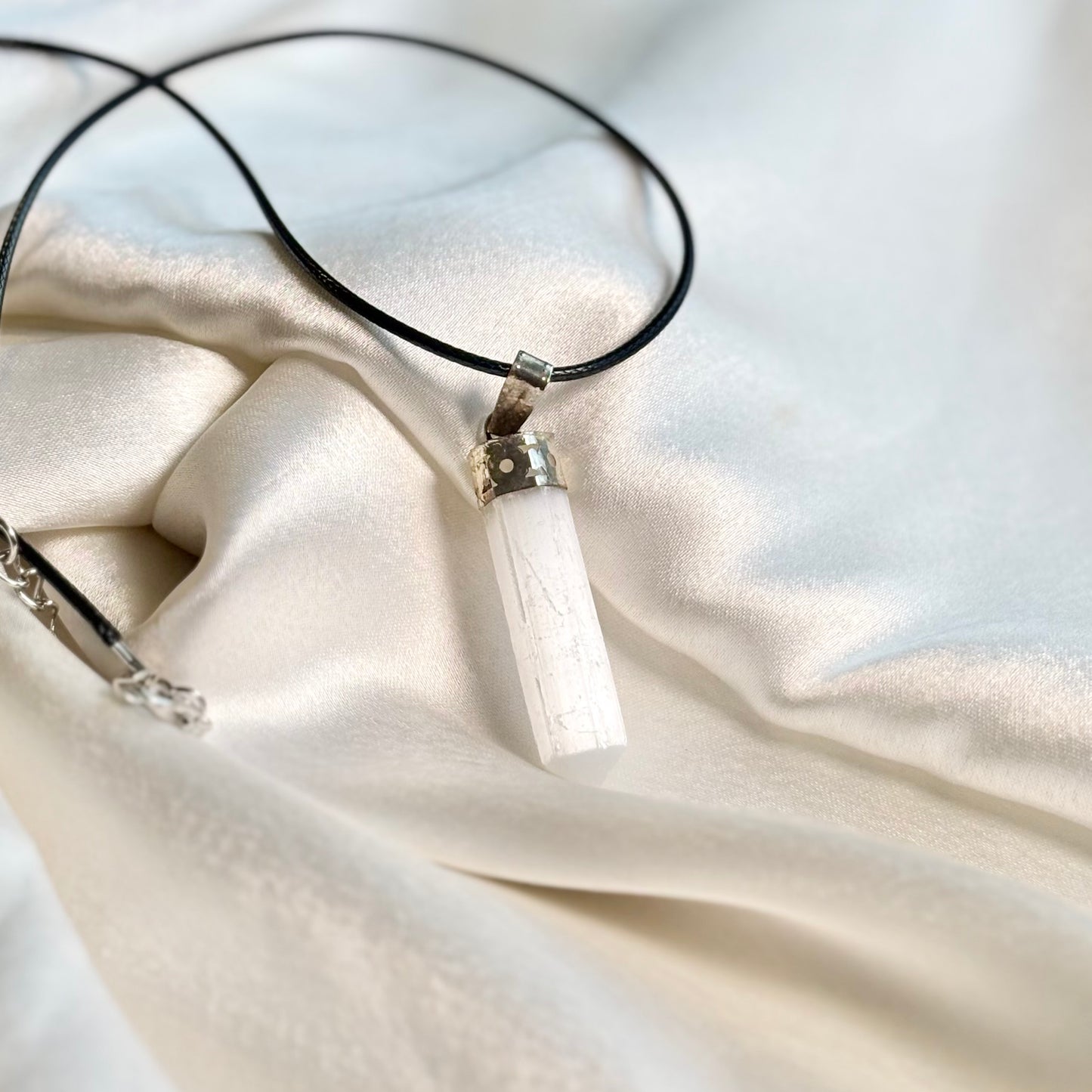 Selenite Pencil Pendant with Black Cord