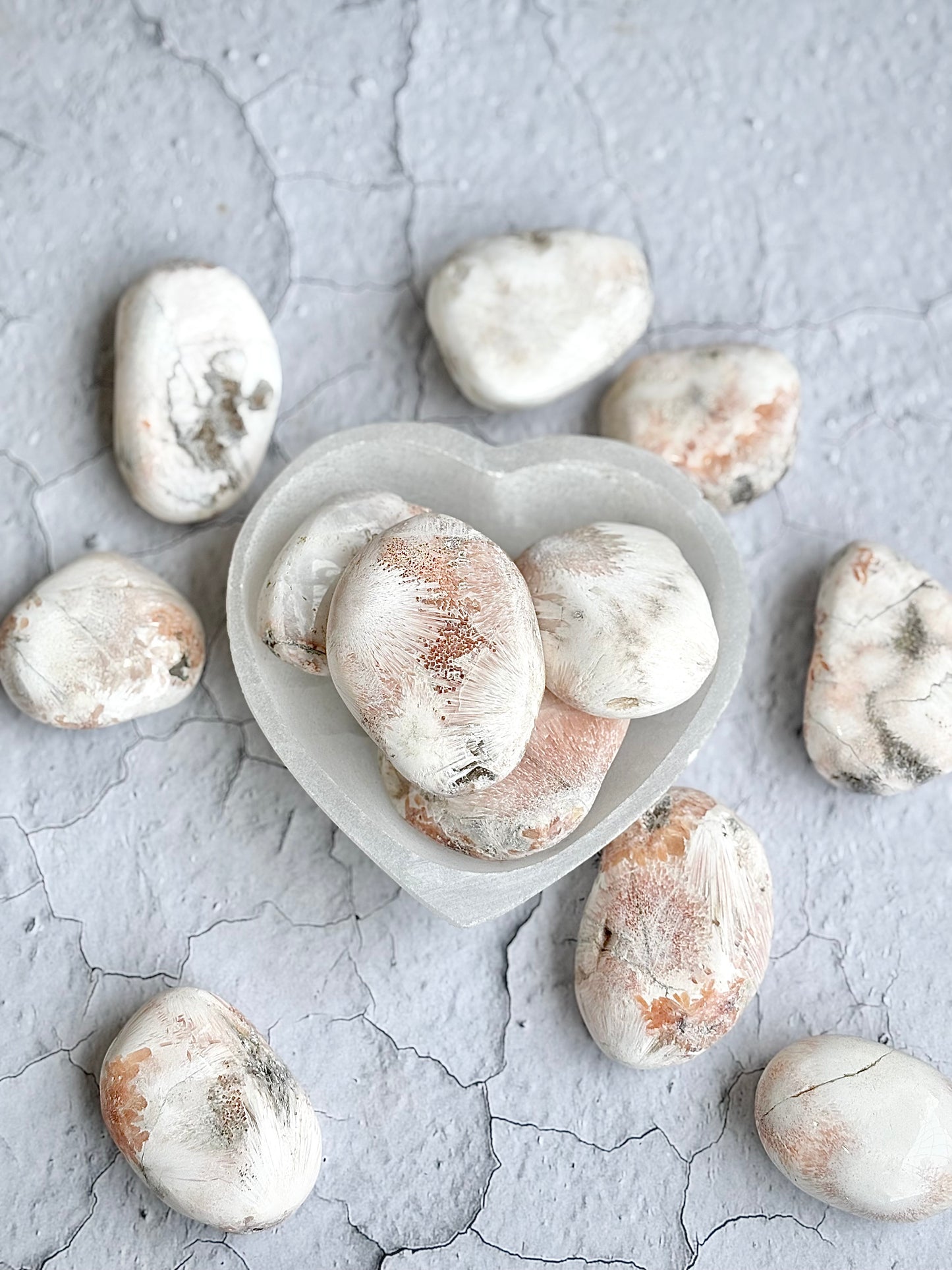 White with Orange Scolecite Inclusion Palm Stone
