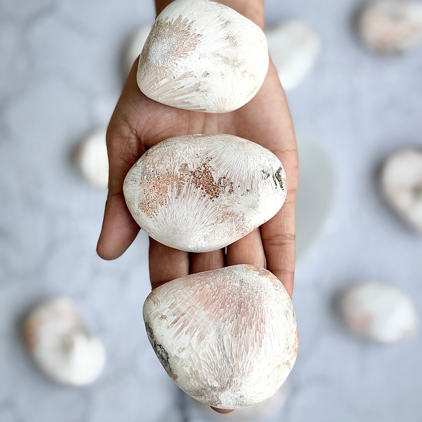 White with Orange Scolecite Inclusion Palm Stone