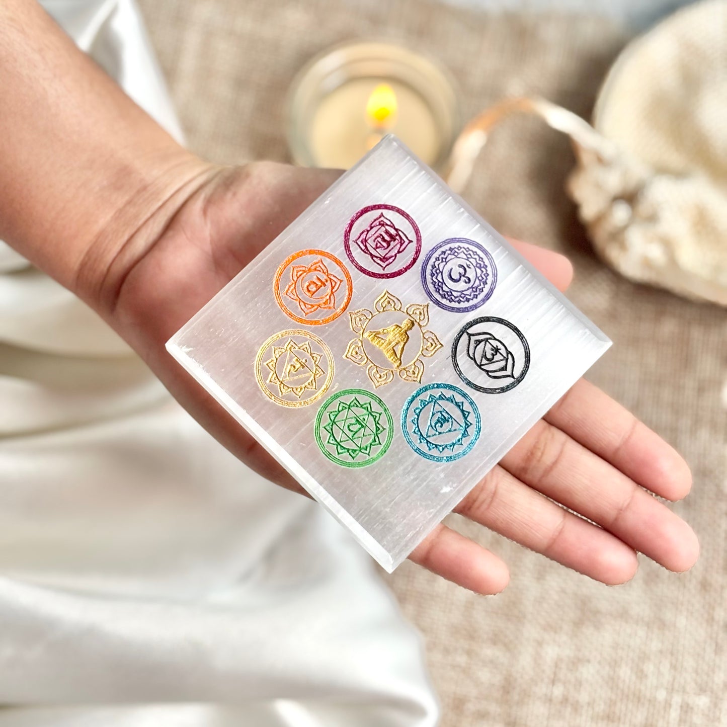 Coloured Seven Chakra Engraved Selenite/Satin Spar Plate