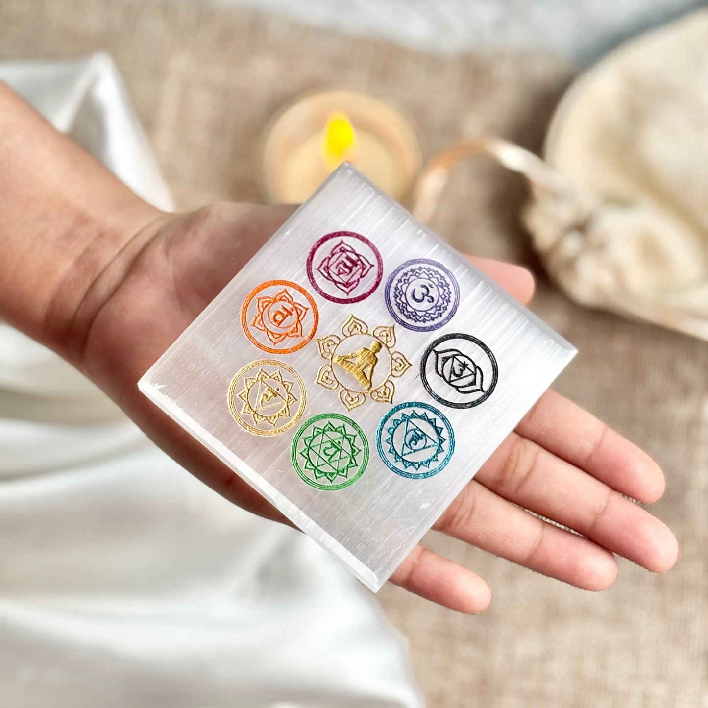 Coloured Seven Chakra Engraved Selenite/Satin Spar Plate
