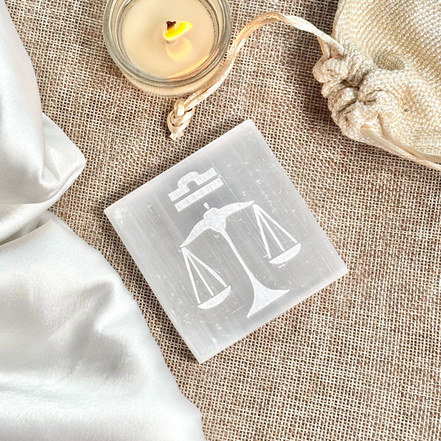 Libra Zodiac Selenite/Satin Spare Plate for Recharging Crystals