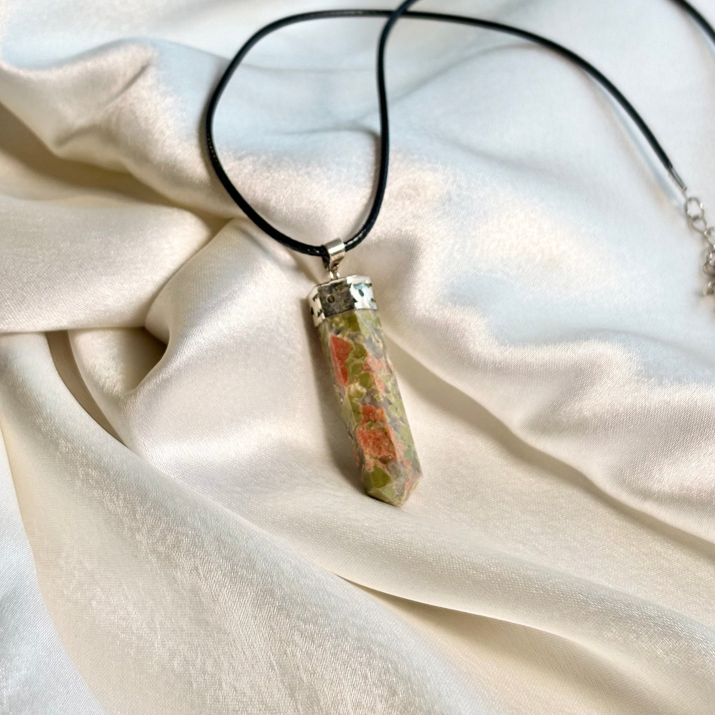 Unakite Pencil Pendant with Black Cord