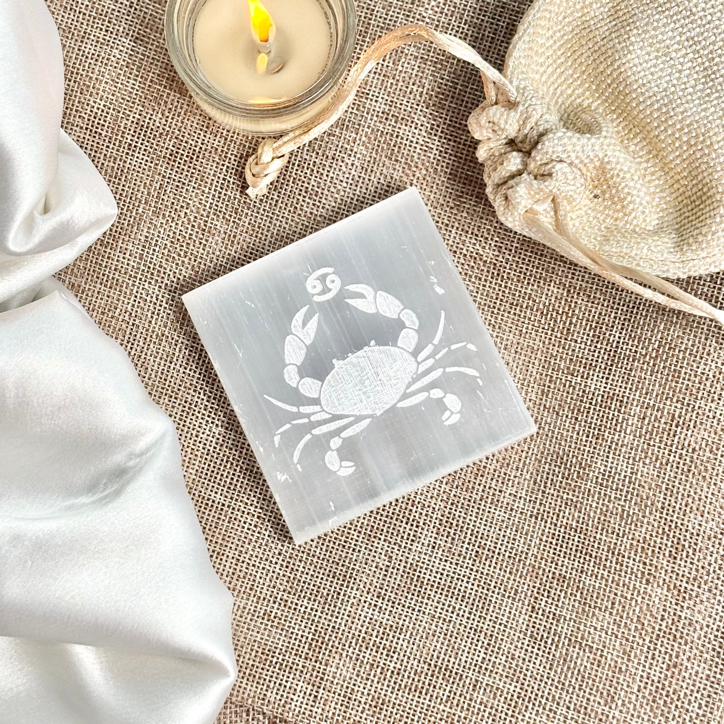 Cancer Zodiac Selenite/Satin Spare Plate for Recharging Crystals