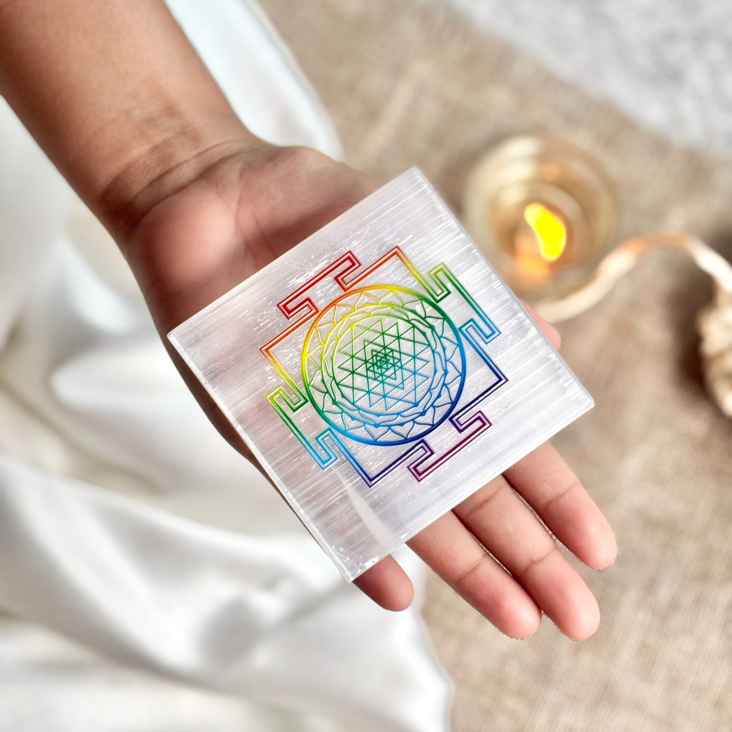 Shree Yantra Engraved Selenite/Satin Spar Plate