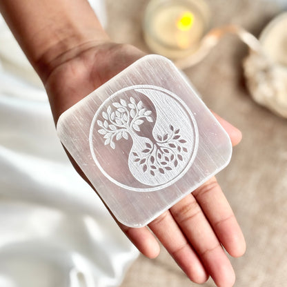 Encircled Tree of Life with Yin-Yang Symbol Engraved on Selenite/Satin Spar Plate