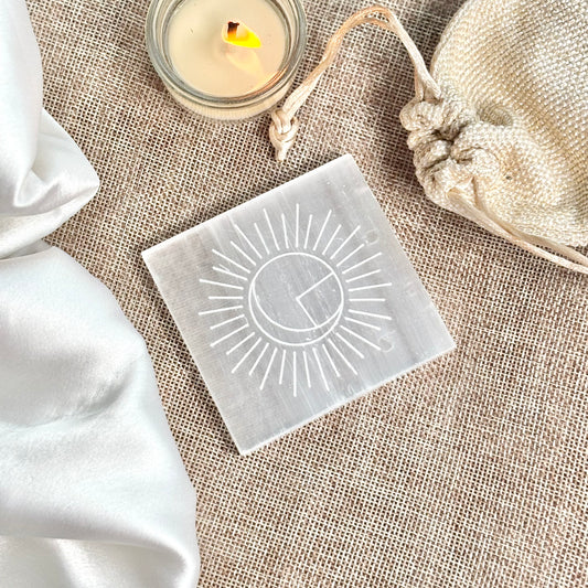Moon Encircled in Sun Engraved on Selenite/Satin Spar Plate