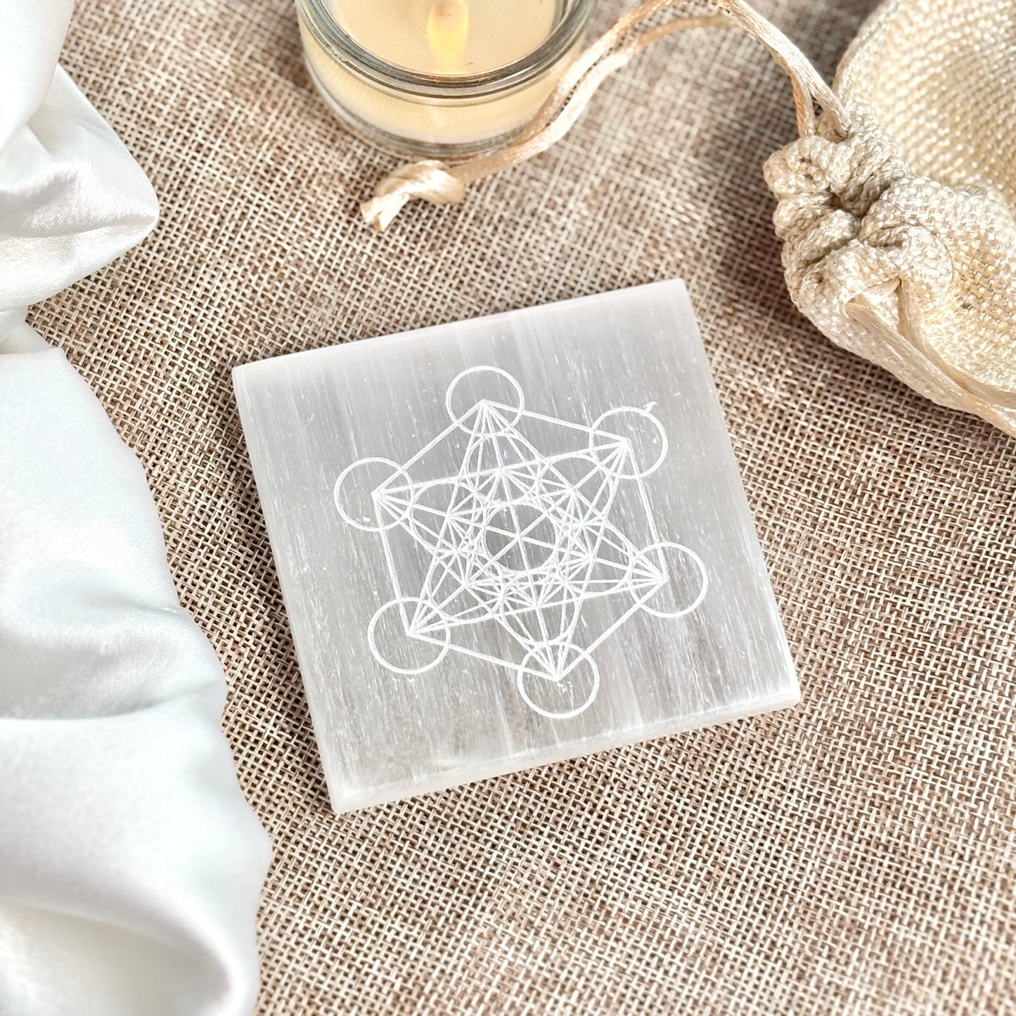 Metatron | Sacred Geometry Engraved on Selenite/Satin Spat Plate
