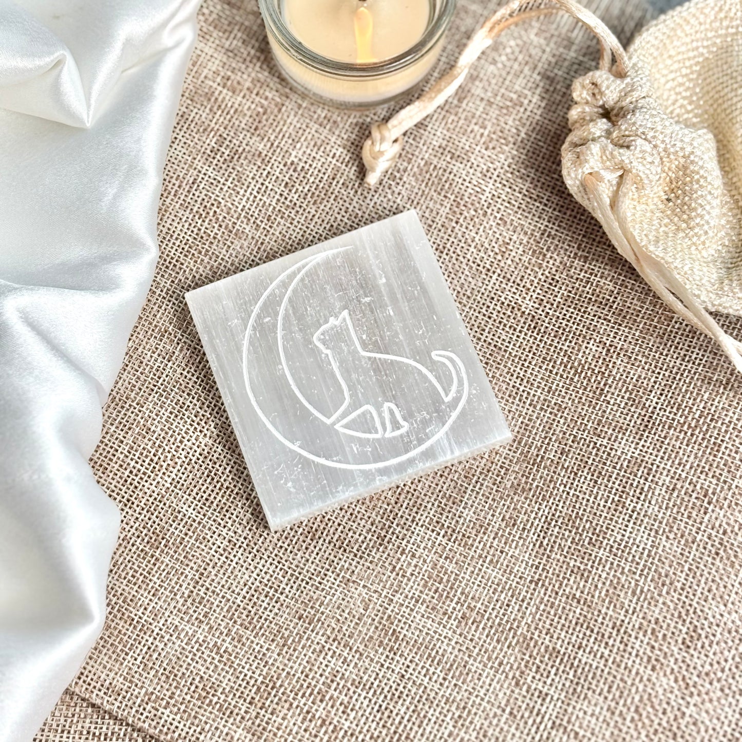 Crescent Moon with Cat Engraved Selenite/Satin Spar Plate