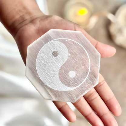 Yin-Yang Engraved Selenite/Satin Spar Plate