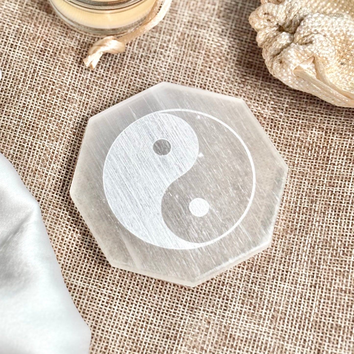 Yin-Yang Engraved Selenite/Satin Spar Plate