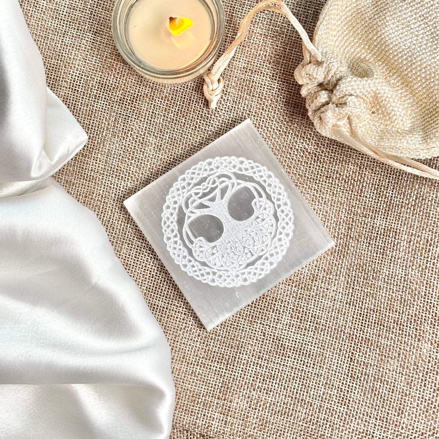 Encircled Tree of Life with Trinity Knots Selenite/Satin Spar Plate