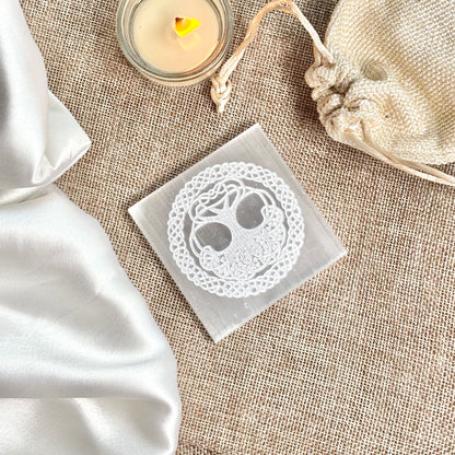 Encircled Tree of Life with Trinity Knots Selenite/Satin Spar Plate