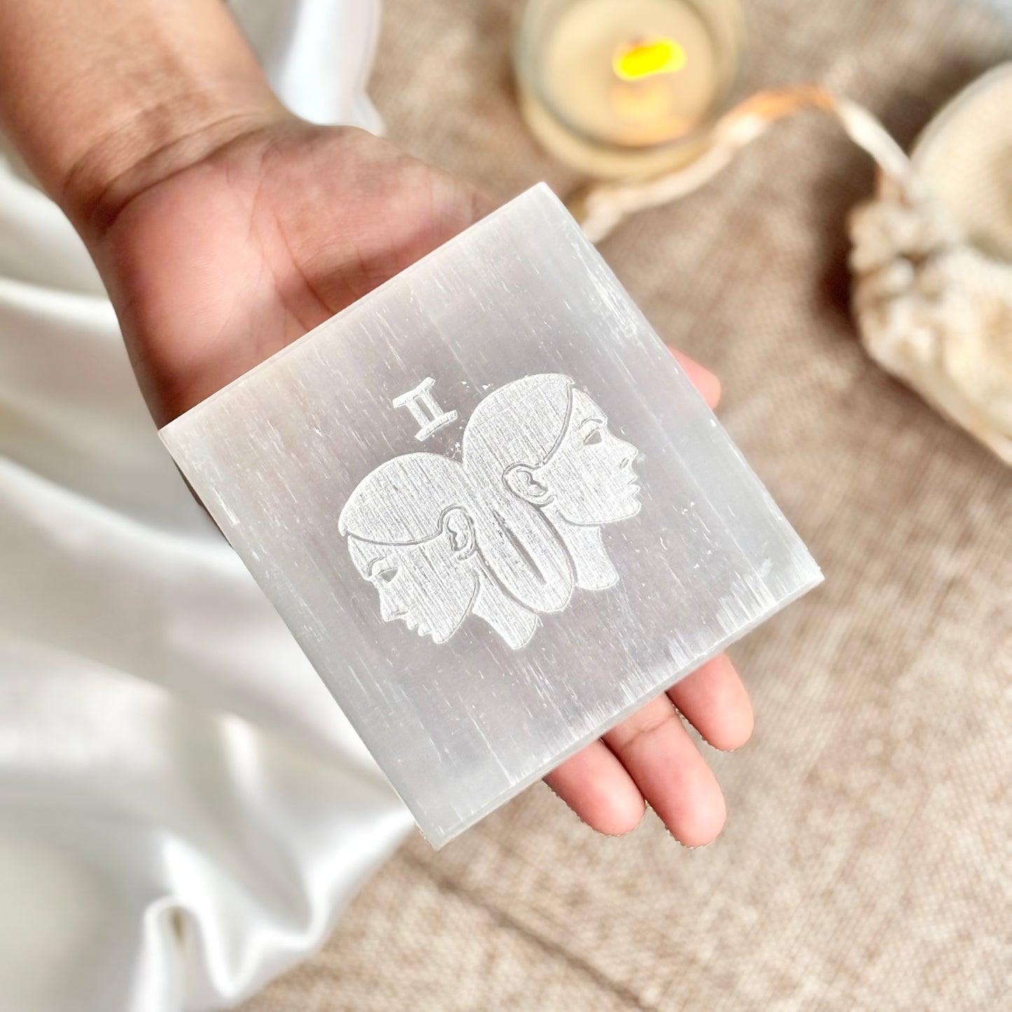 Gemini Zodiac Selenite/Satin Spare Plate for Recharging Crystals