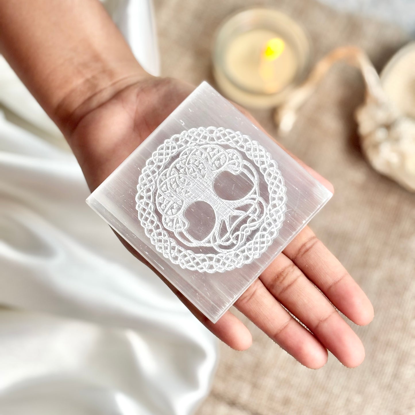Encircled Tree of Life with Trinity Knots Selenite/Satin Spar Plate