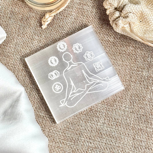 Seven Chakra Symbol Engraved Selenite/Satin Spar Plate