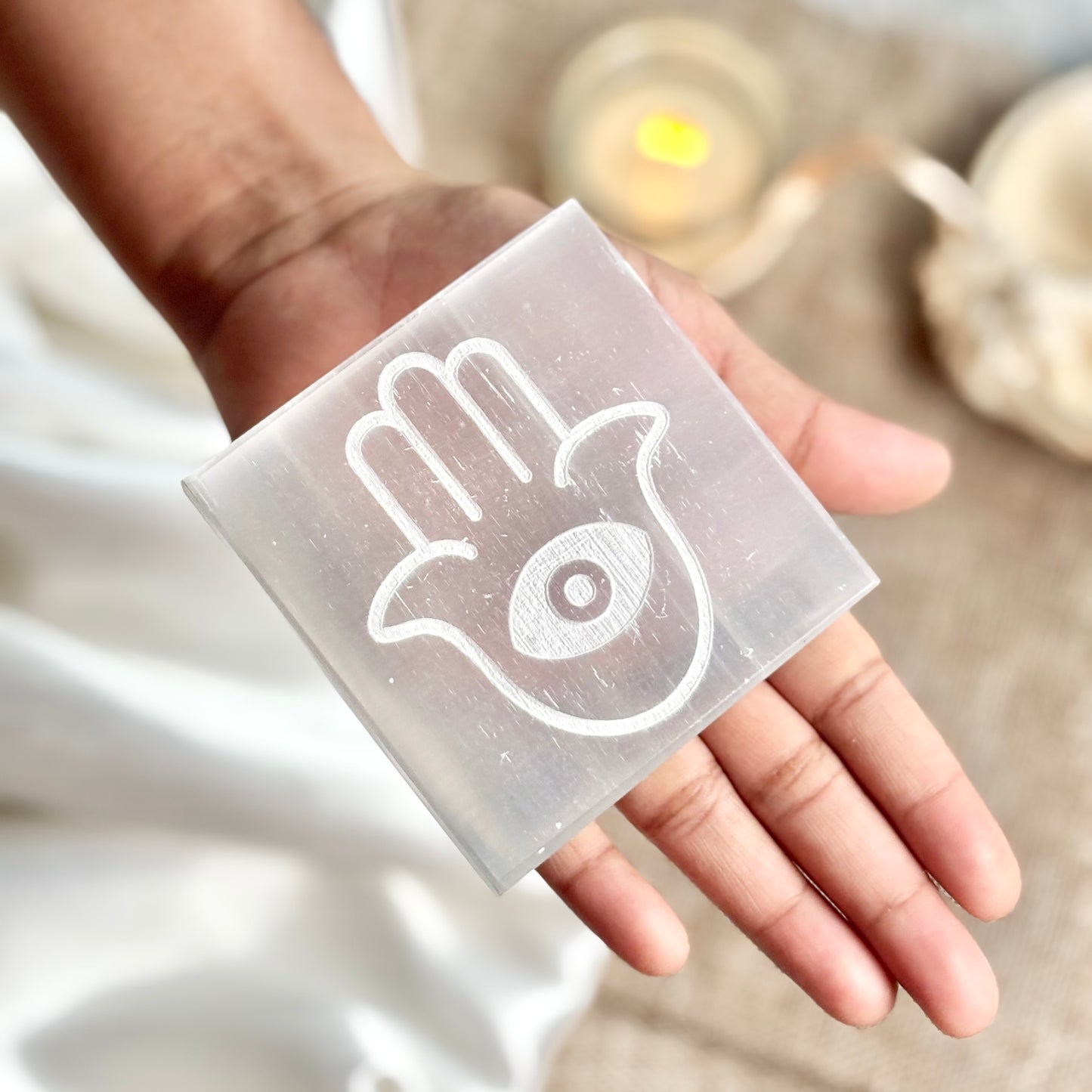 Hamsa Engraved Selenite/Satin Spar Plate