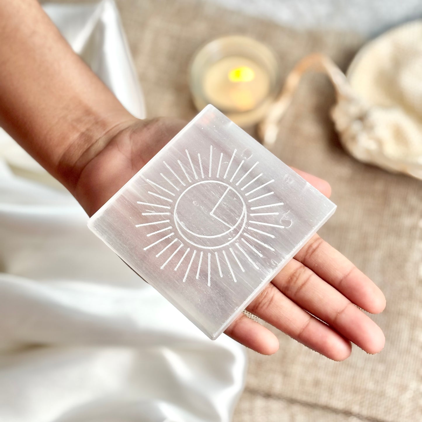 Moon Encircled in Sun Engraved on Selenite/Satin Spar Plate