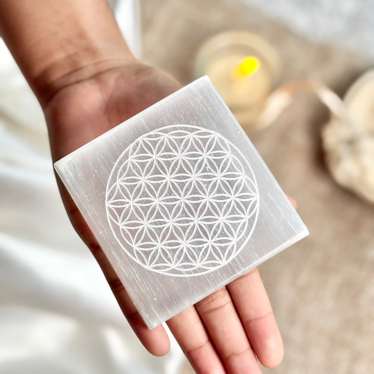 Flower of life Engraved Selenite/Satin Spar Plate
