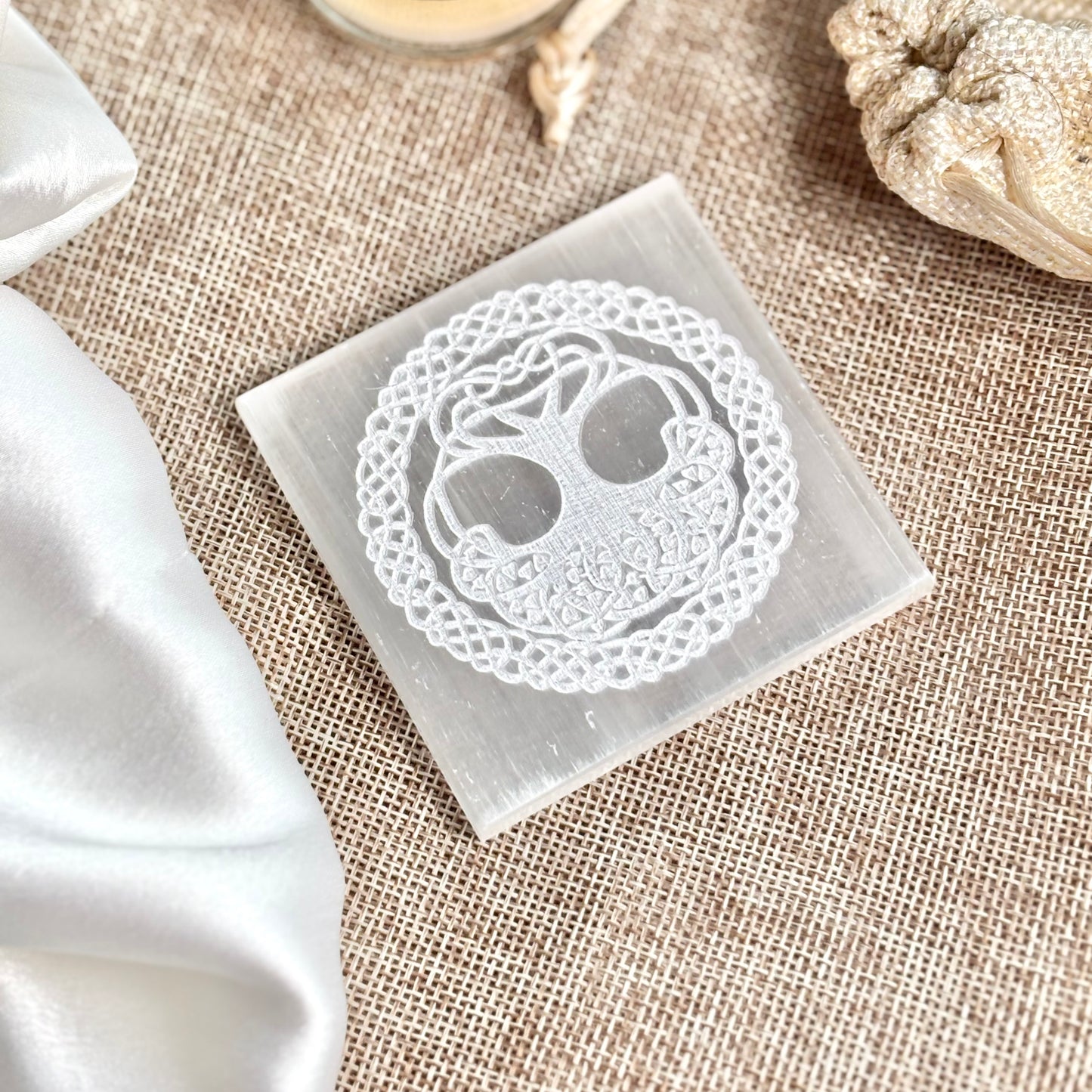 Encircled Tree of Life with Trinity Knots Selenite/Satin Spar Plate