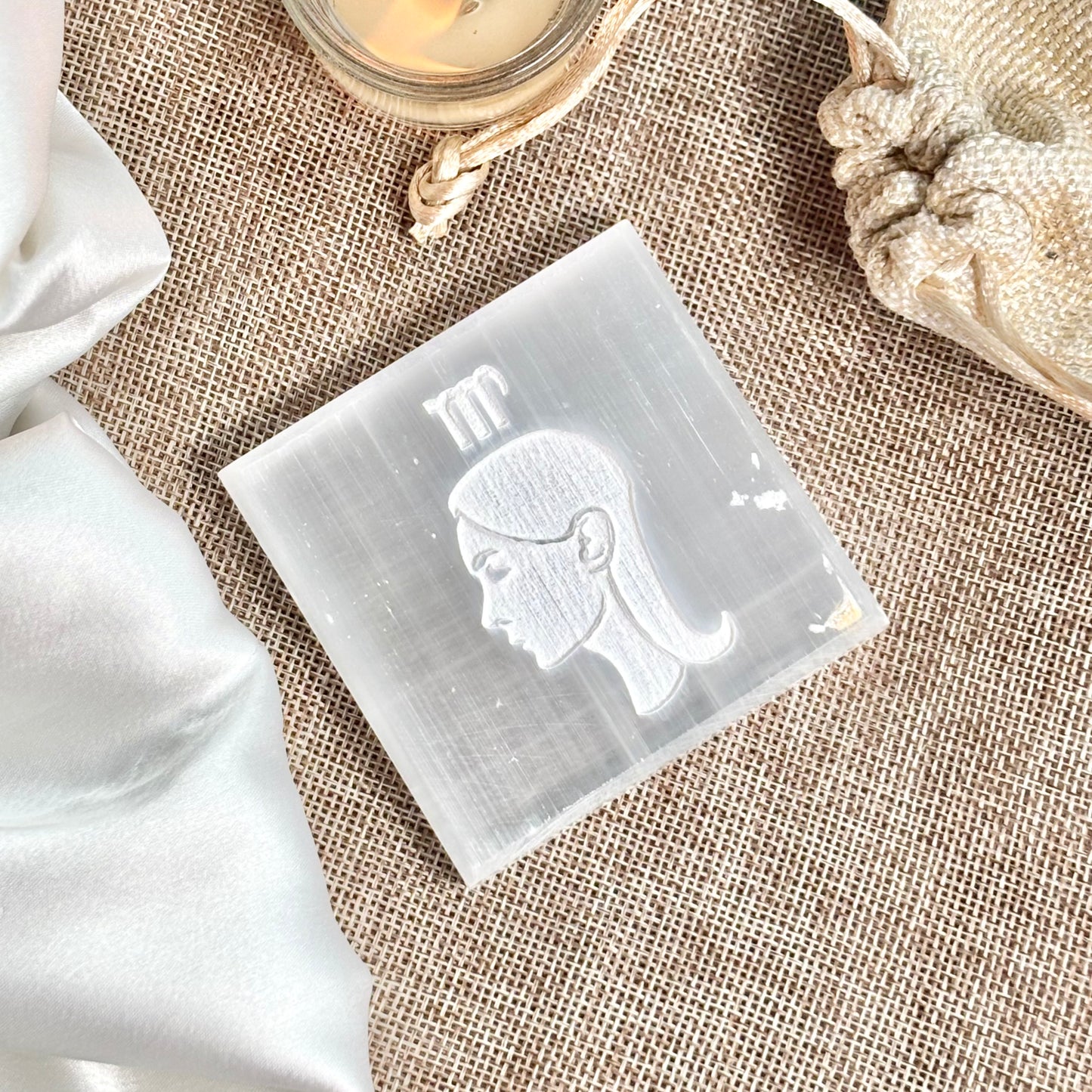 Virgo Zodiac Selenite/Satin Spare Plate for Recharging Crystals