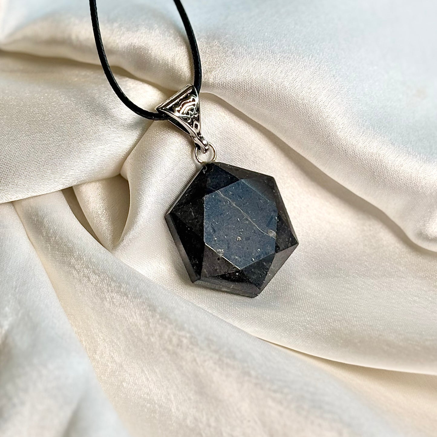 Black Obsidian Hexagon Shaped Pendant with Black Cord