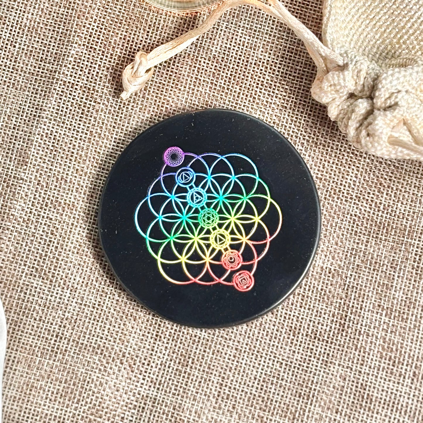 Flower of Life Engraved Black Obsidian Plate/Disk/Coaster