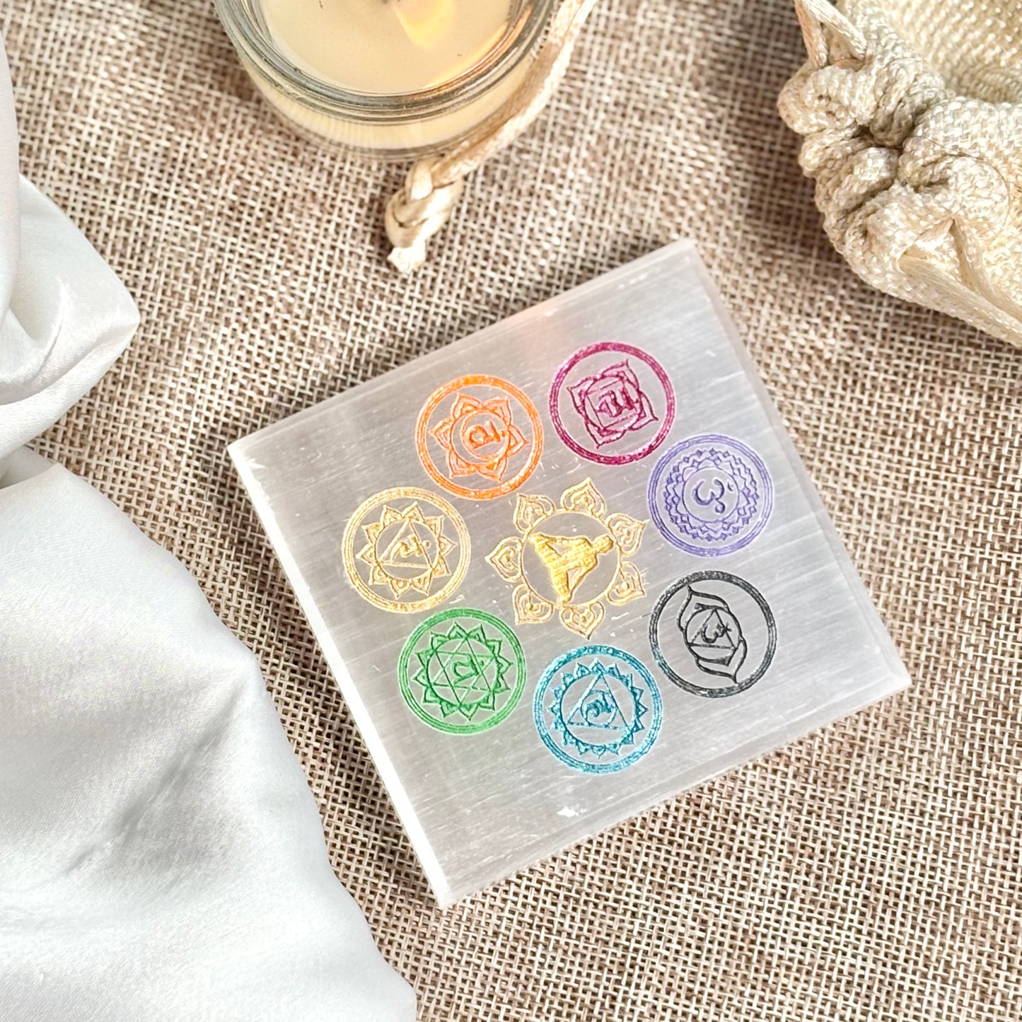 Coloured Seven Chakra Engraved Selenite/Satin Spar Plate