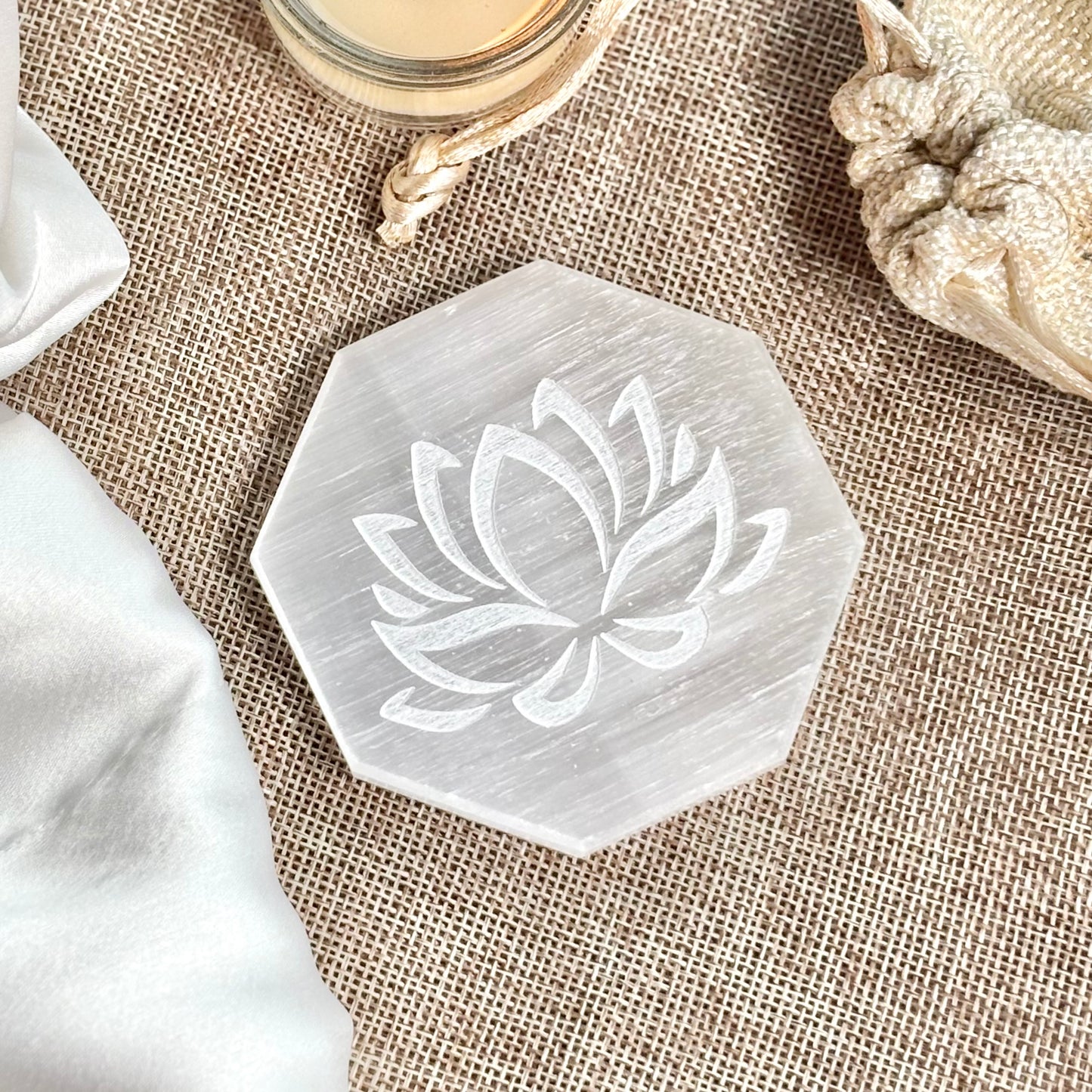 Lotus Engraved Selenite/Satin Spar Plate