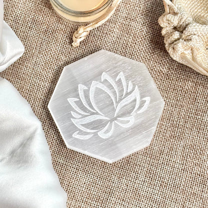 Lotus Engraved Selenite/Satin Spar Plate