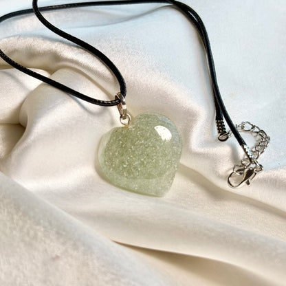 Green Aventurine Heart Pendant with Black Cord