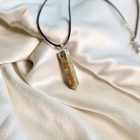 Unakite Pencil Pendant with Black Cord