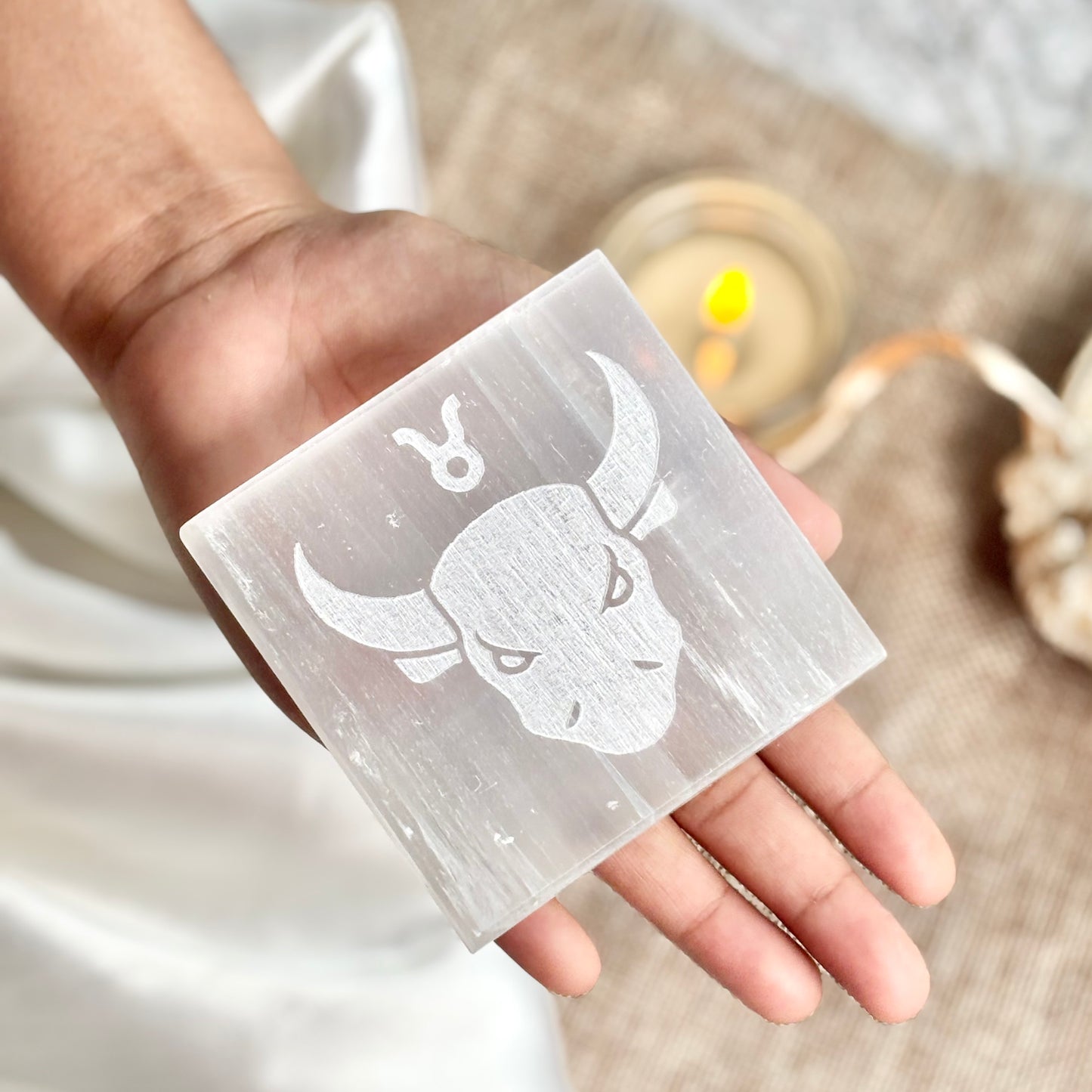 Taurus Zodiac Selenite/Satin Spare Plate for Recharging Crystals