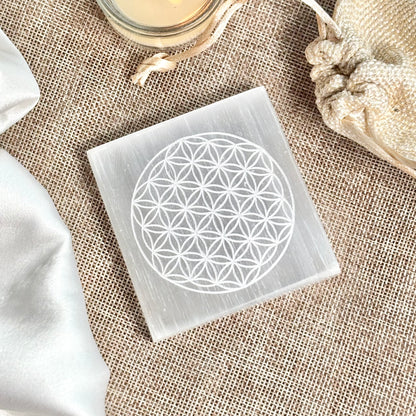 Flower of life Engraved Selenite/Satin Spar Plate