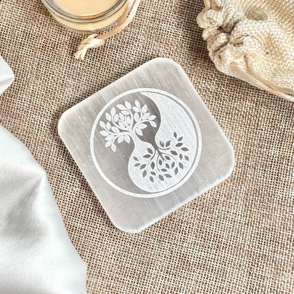 Encircled Tree of Life with Yin-Yang Symbol Engraved on Selenite/Satin Spar Plate