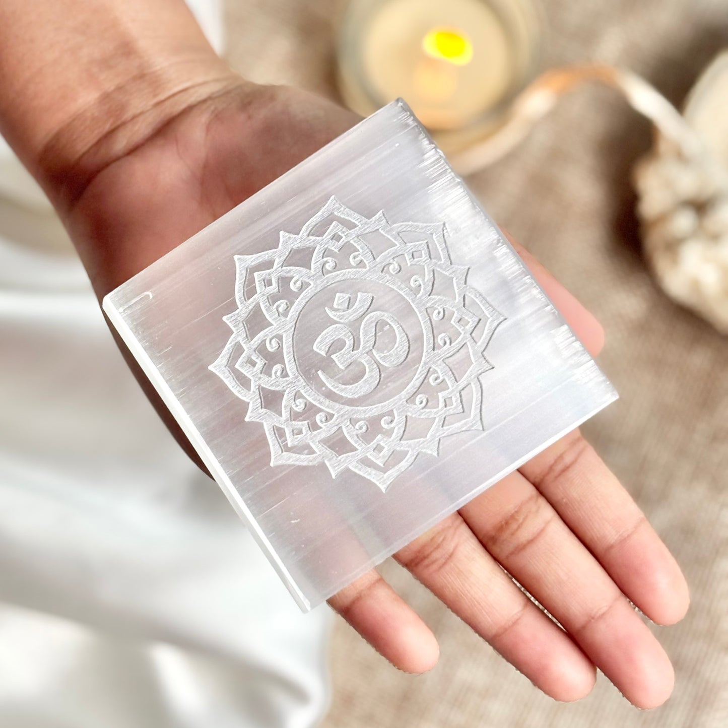 Om Engraved Selenite/Satin Spar Plate