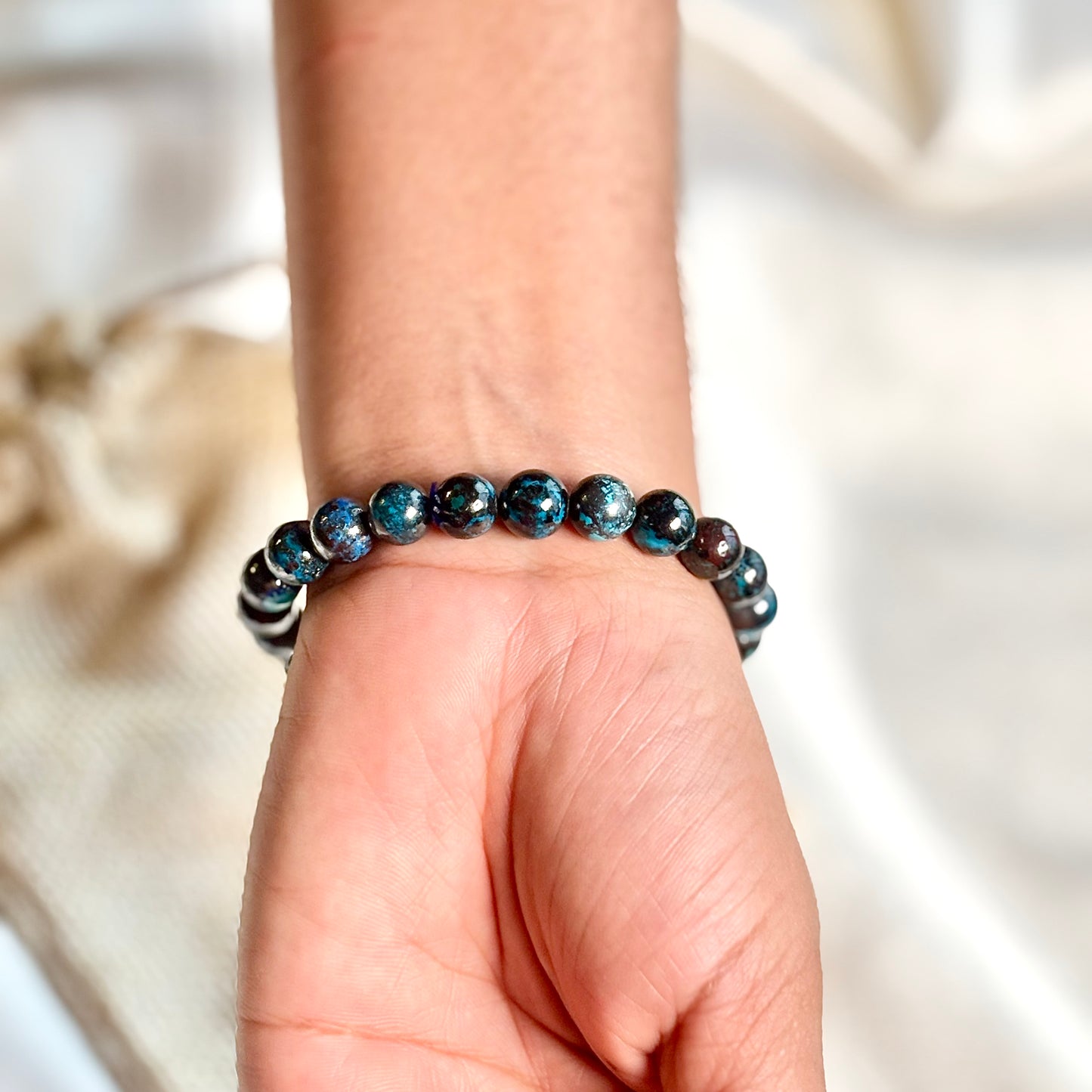 Azurite with Chrysocolla & Iron Round Bead Bracelet – 8mm